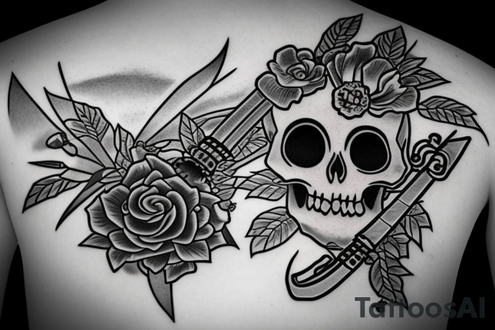 skull with katana, flowers and japanese symbols tattoo idea