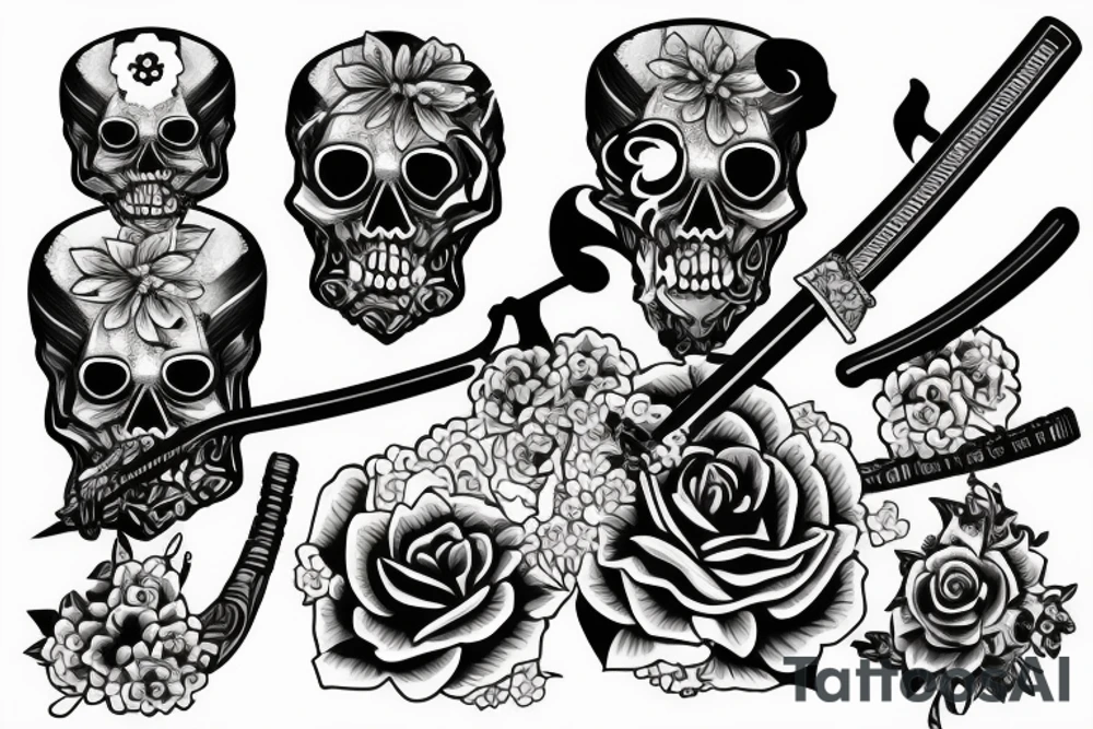 skull with katana, flowers and japanese symbols tattoo idea