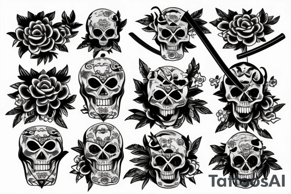 skull with katana, flowers and japanese symbols tattoo idea