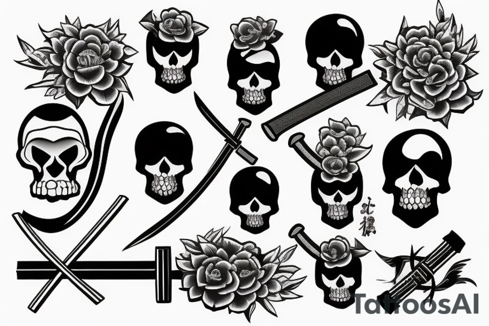 skull with katana, flowers and japanese symbols tattoo idea