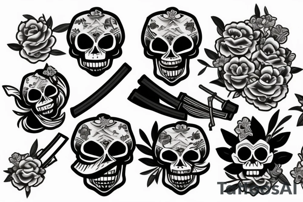 skull with katana, flowers and japanese symbols tattoo idea