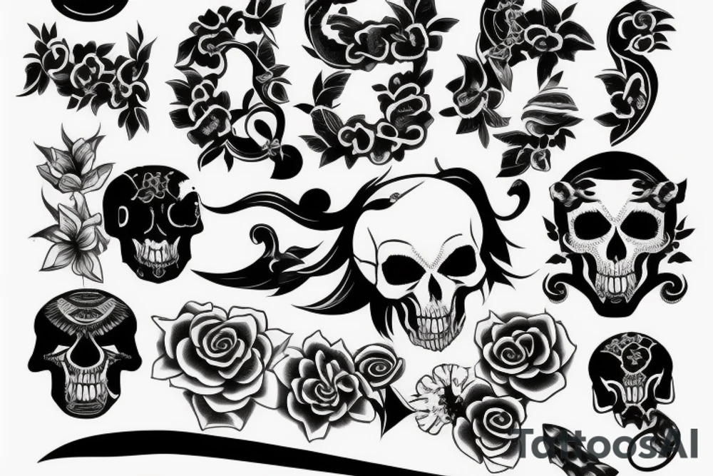 back tattoo with katana, animal skull and japanese flowers tattoo idea