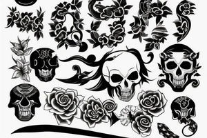 back tattoo with katana, animal skull and japanese flowers tattoo idea