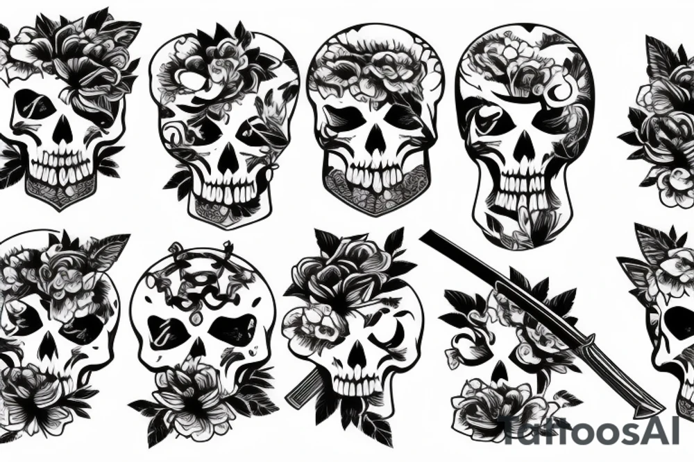 back tattoo with katana, animal skull and japanese flowers tattoo idea