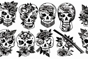back tattoo with katana, animal skull and japanese flowers tattoo idea