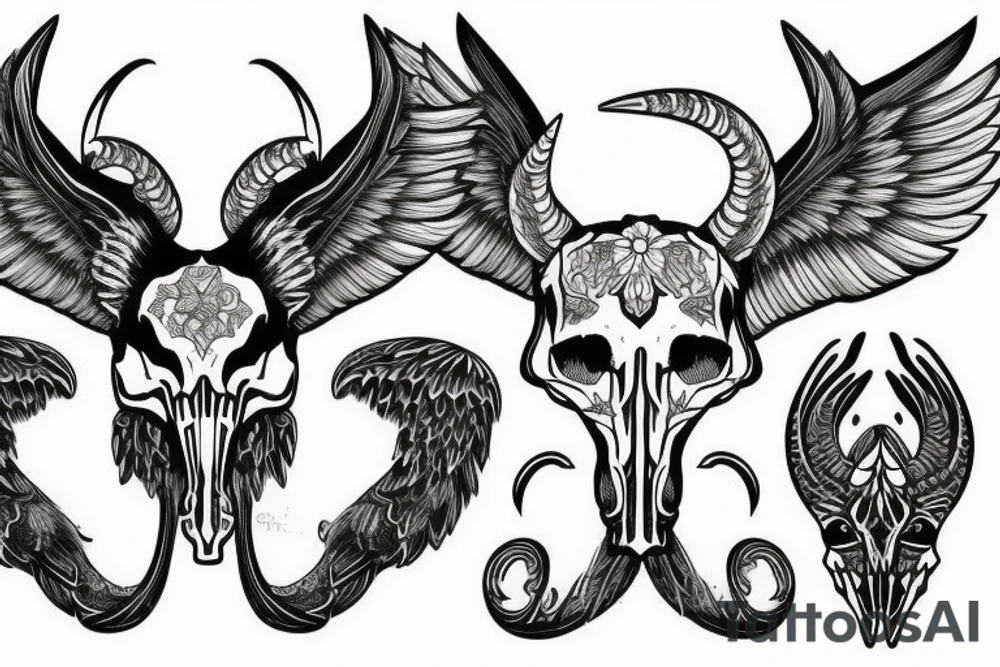 Wings with animal skull capricorn in chest tattoo idea