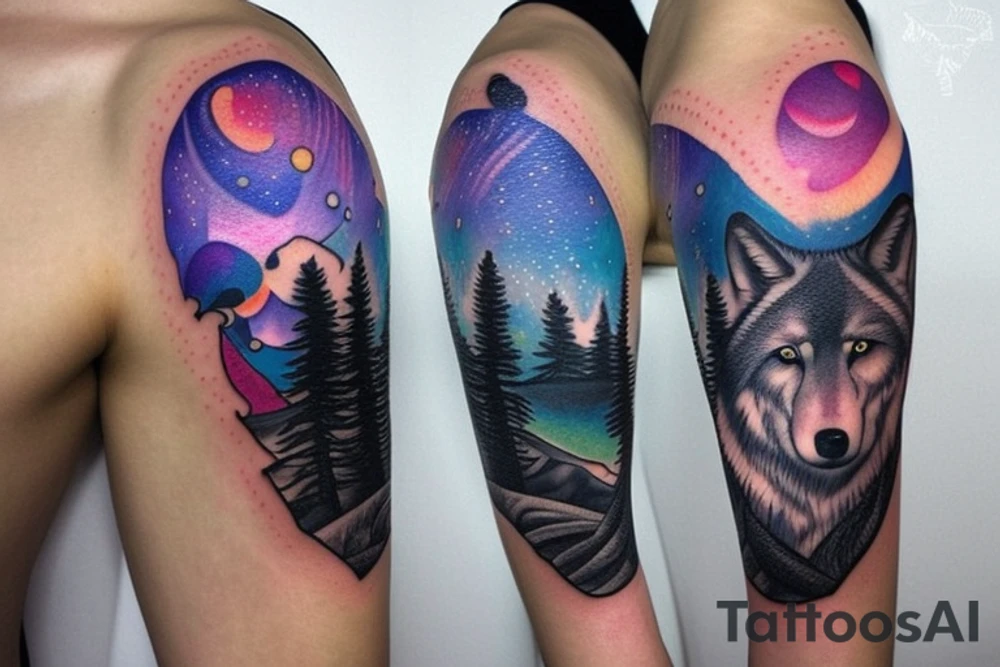 Wolf in the mountains and the northern lights tattoo idea