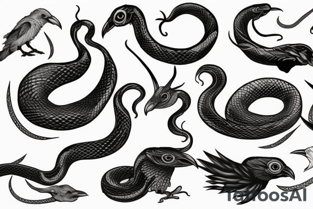 Small Snake and raven with horns tattoo idea