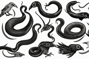 Small Snake and raven with horns tattoo idea