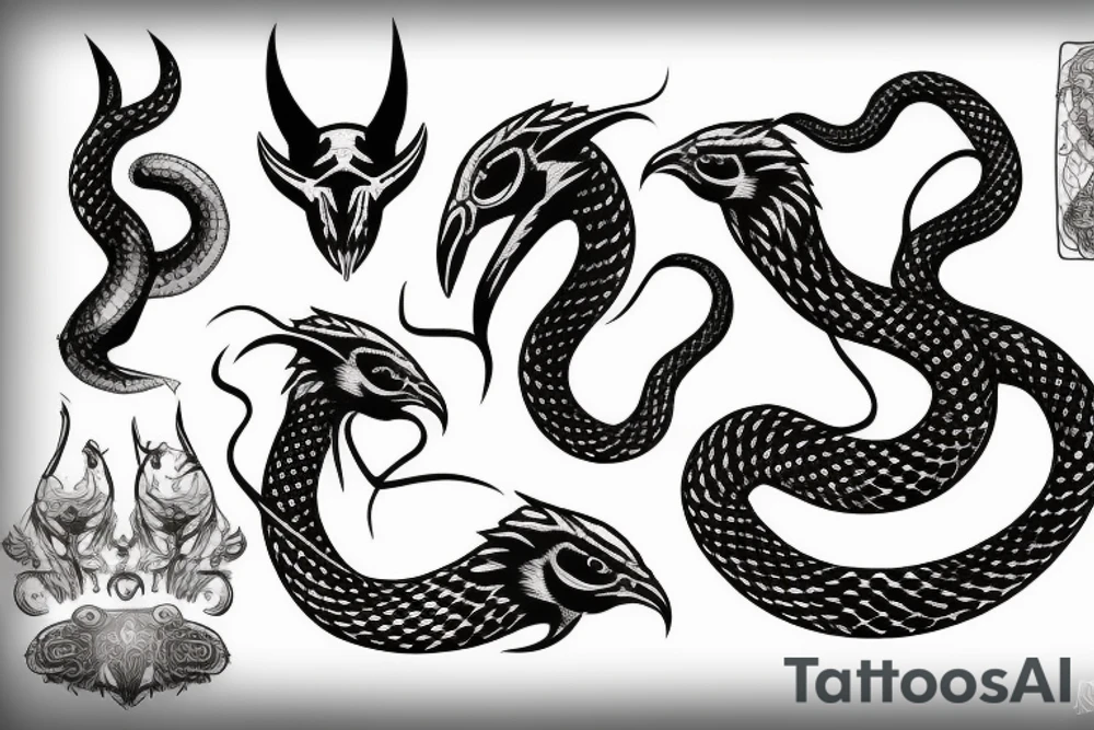 Small Snake and raven with horns tattoo idea