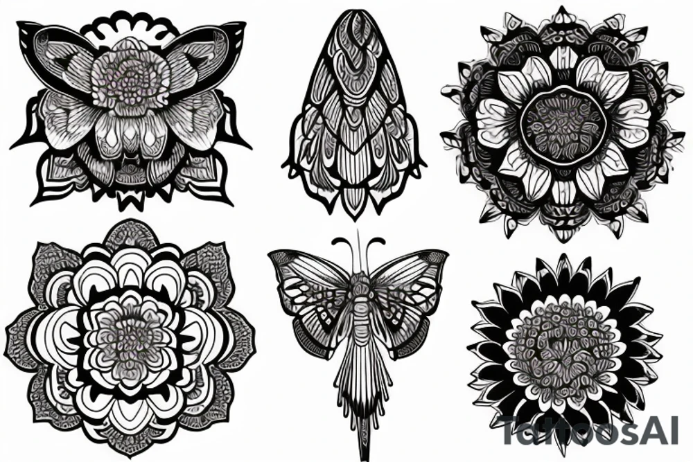 Peony, mandala, butterfly, moth, flowers tattoo idea