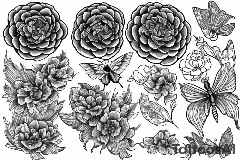 Peony, mandala, butterfly, moth, flowers tattoo idea