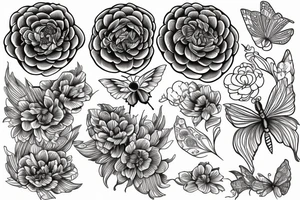 Peony, mandala, butterfly, moth, flowers tattoo idea