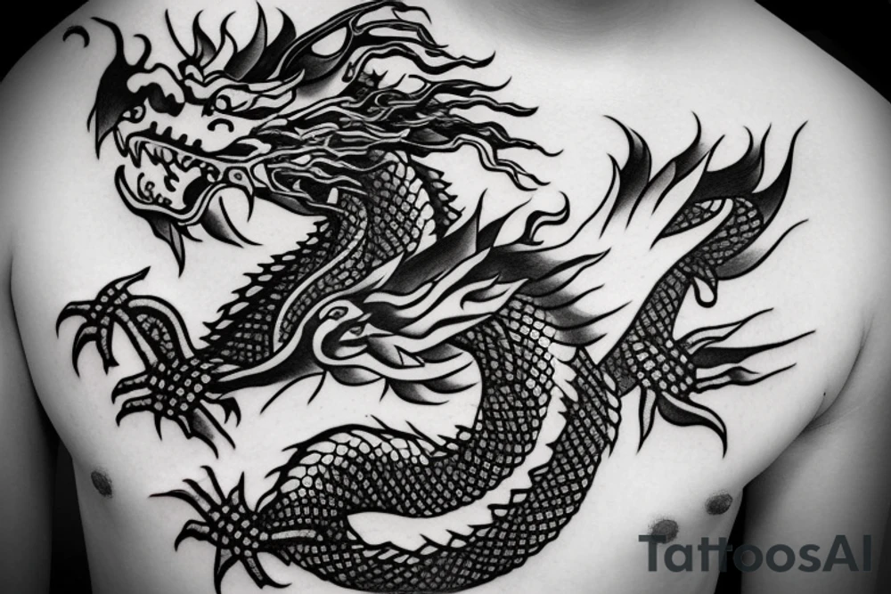 chinese dragon behind which are mountains tattoo idea