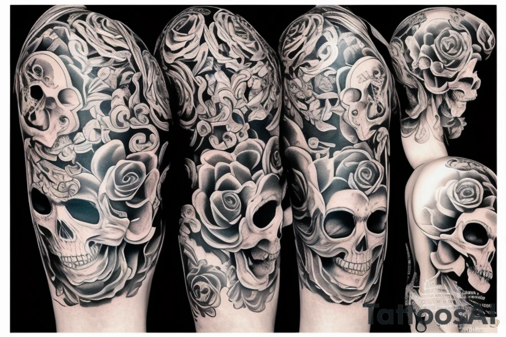 Full back tattoo with mamy skull faces tattoo idea