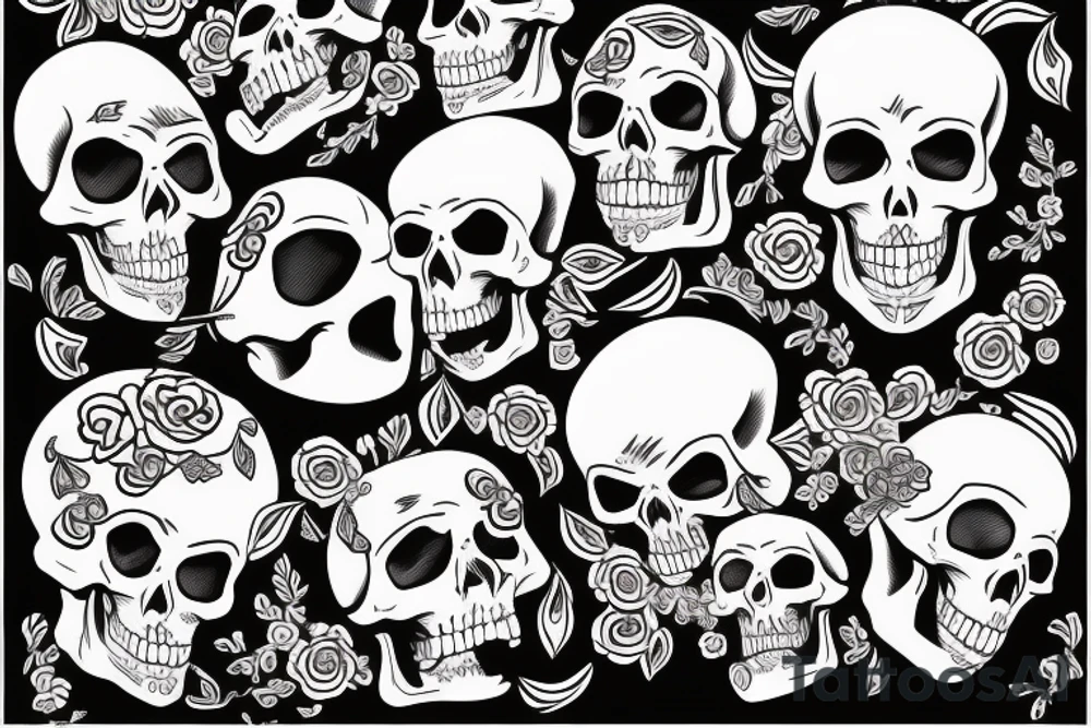 Full back tattoo with mamy skull faces tattoo idea