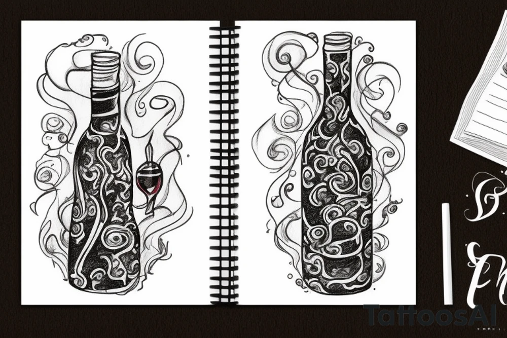 wine bottle with fire and lady tattoo idea