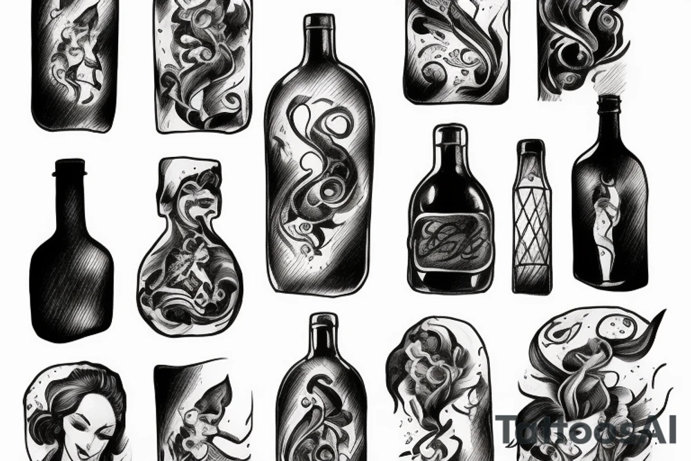wine bottle with fire and lady tattoo idea