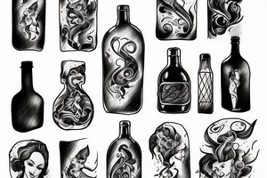 wine bottle with fire and lady tattoo idea
