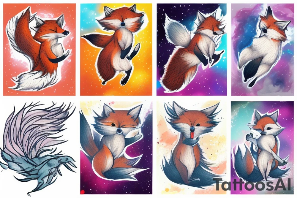 A fluffy fox in a dynamic flying pose tattoo idea