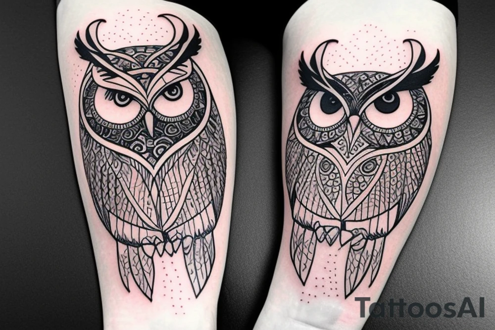 casual owl sketched as half-real and half-geometric design, very detailed tattoo idea
