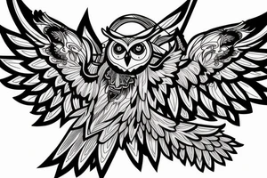 owl with the wings spread widely, full color, very detailed, mock-up on chest tattoo idea