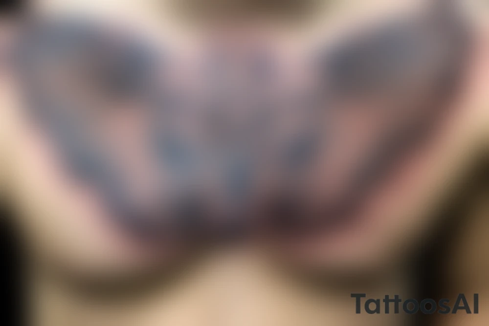 owl with the wings spread widely, full color, very detailed, mock-up on chest tattoo idea