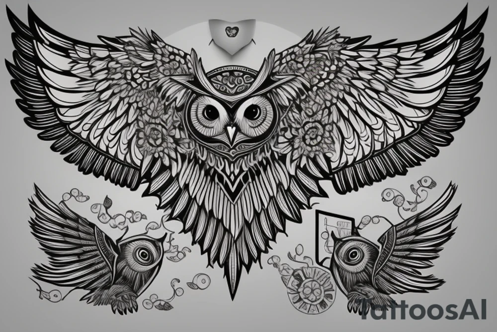semi-geometric owl with the wings spread widely and made in full color, very detailed, presented on chest tattoo idea