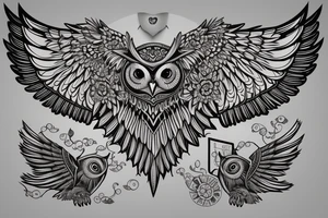 semi-geometric owl with the wings spread widely and made in full color, very detailed, presented on chest tattoo idea