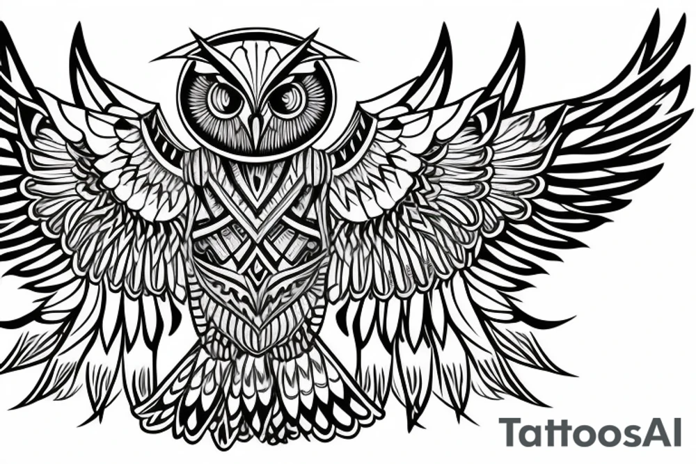 semi-geometric owl with the wings spread widely and made in full color, very detailed, presented on chest tattoo idea