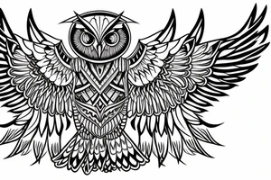 semi-geometric owl with the wings spread widely and made in full color, very detailed, presented on chest tattoo idea