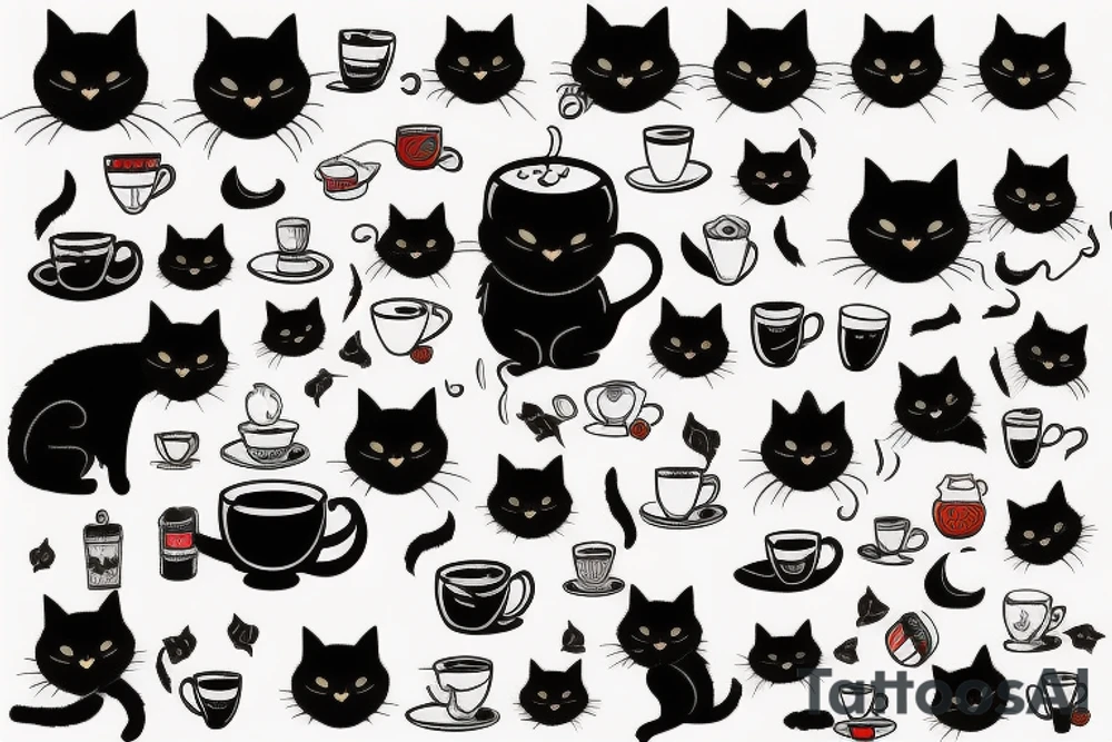 Black cat with cup of tea tattoo idea