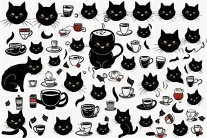 Black cat with cup of tea tattoo idea