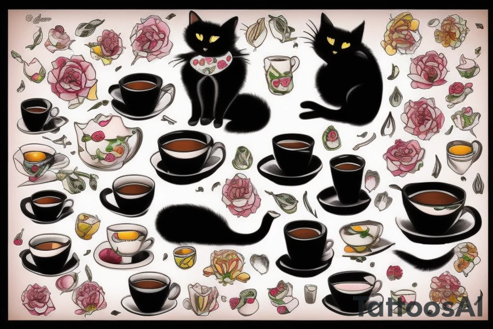 Black cat with cup of tea tattoo idea