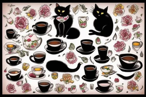 Black cat with cup of tea tattoo idea