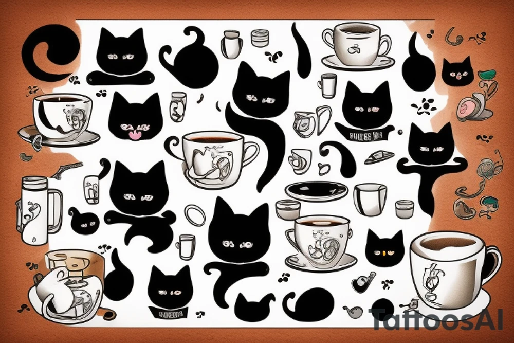 Black cat with cup of tea in paws tattoo idea