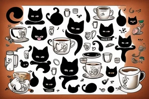 Black cat with cup of tea in paws tattoo idea