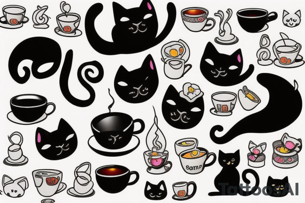 Black cat with cup of tea in paws tattoo idea