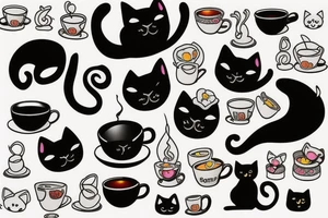 Black cat with cup of tea in paws tattoo idea