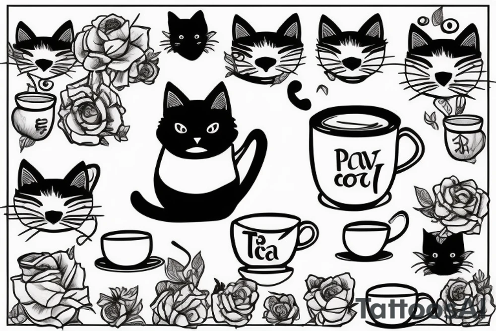 Black cat with cup of tea in paws tattoo idea