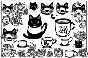 Black cat with cup of tea in paws tattoo idea