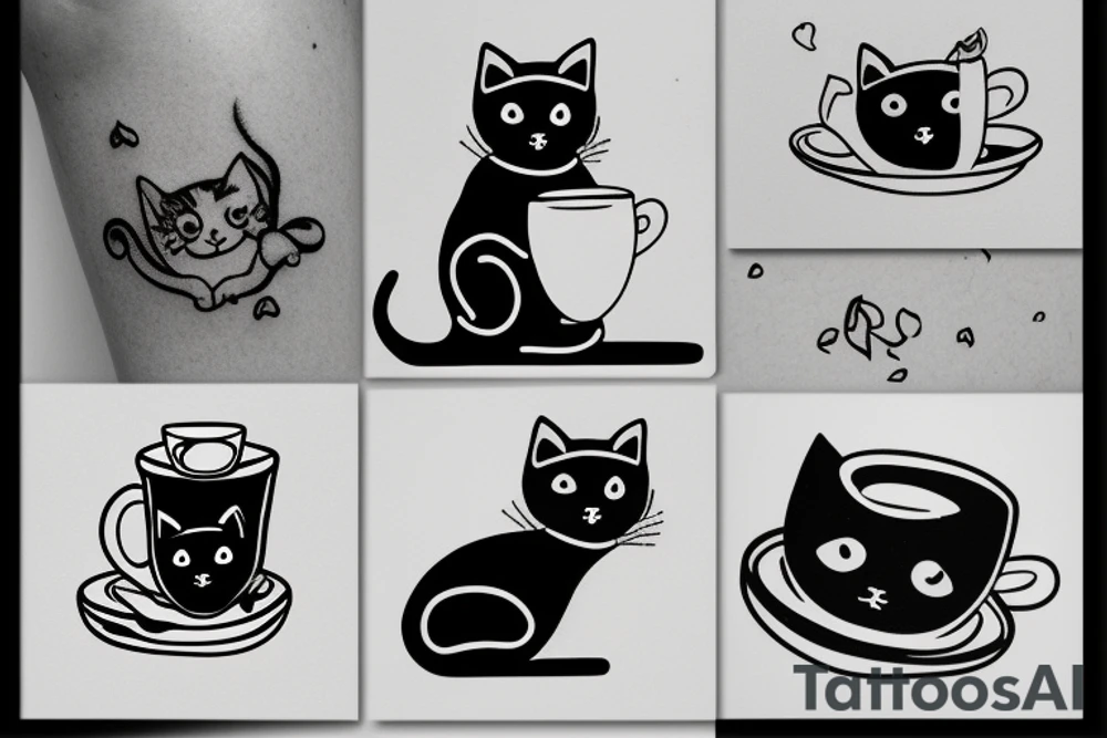 Black cat with cup of tea in paws tattoo idea