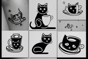 Black cat with cup of tea in paws tattoo idea