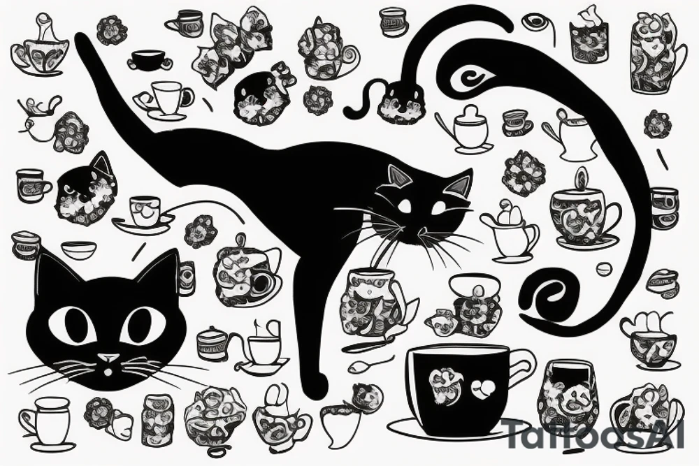 Black cat with cup of tea in paws tattoo idea