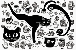 Black cat with cup of tea in paws tattoo idea