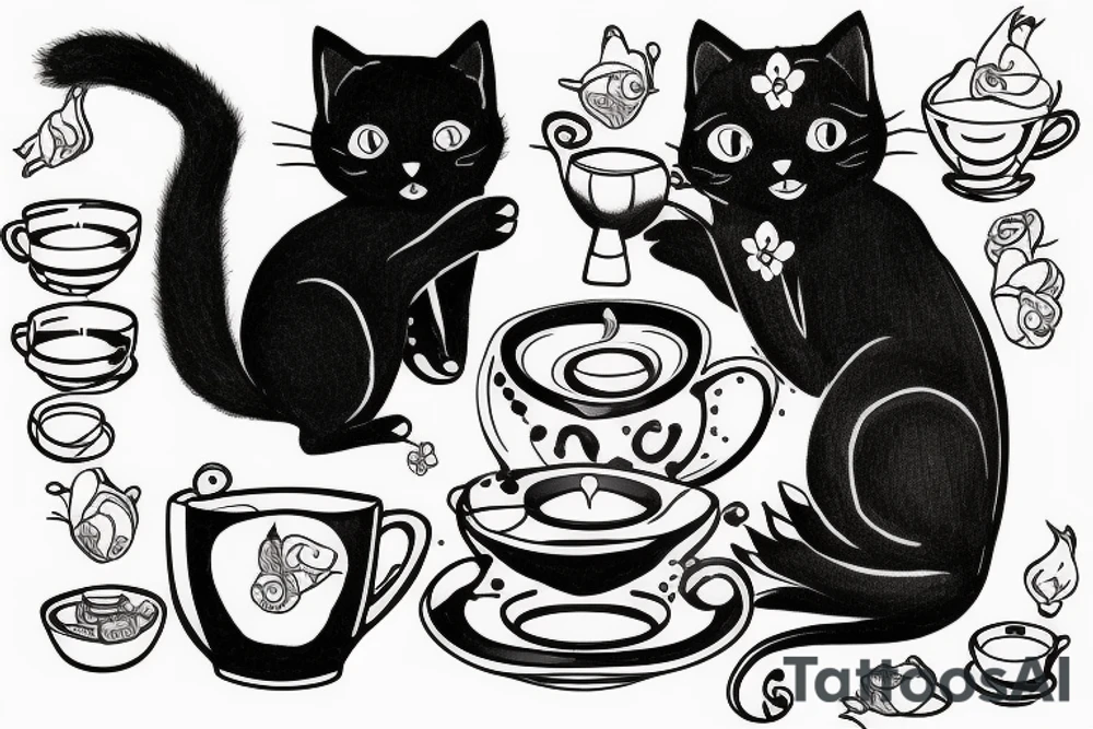 Black cat with cup of tea in paws tattoo idea