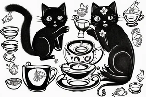 Black cat with cup of tea in paws tattoo idea