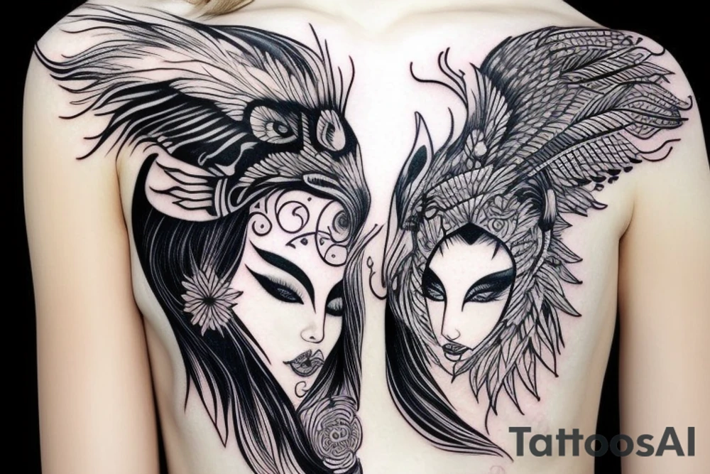 girl with wolf headdress, with ying yang feathers tattoo idea