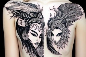 girl with wolf headdress, with ying yang feathers tattoo idea