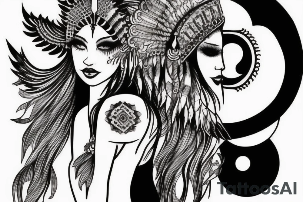 girl with wolf headdress, with ying yang feathers tattoo idea